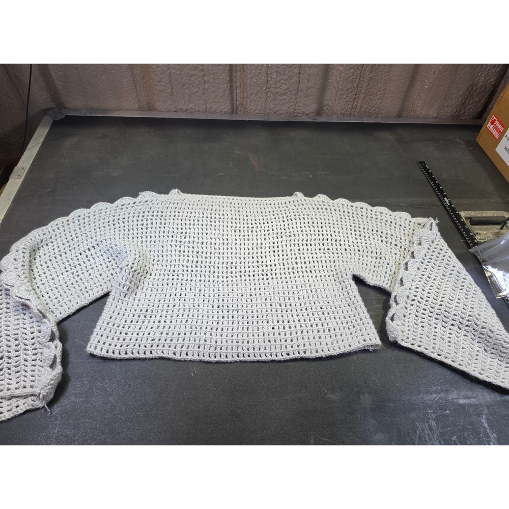 Handmade Crochet Cropped Sweater Gray Open Knit Scalloped Sleeve Cutout Boho Top